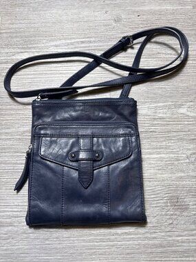 Vintage Perlina Navy Leather Crossbody Organizer Bag Soft Pebble Multi-Pocket